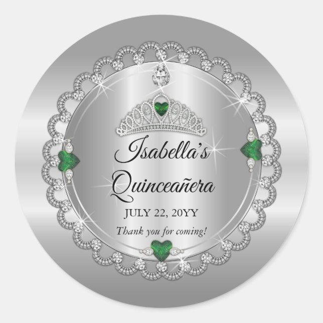 Elegant Emerald Green | Diamond Crown Quinceañera  Classic Round Sticker (Front)