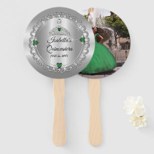 Elegant Emerald Green   Diamond Crown Quinceañera Hand Fan