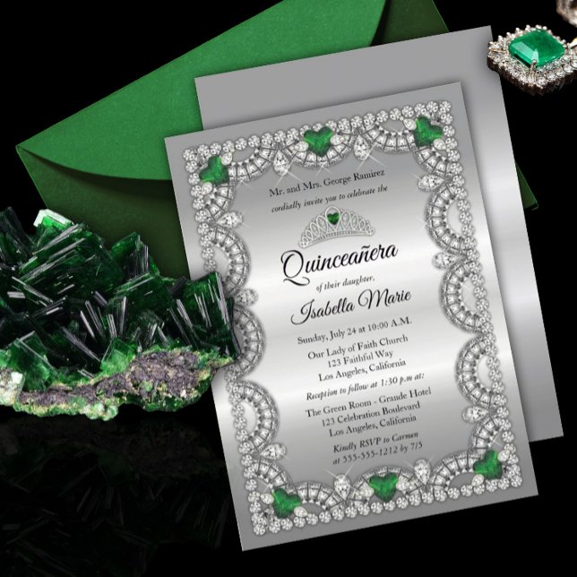 Elegant Emerald Green | Diamond Crown Quinceañera Invitation (Creator Uploaded)