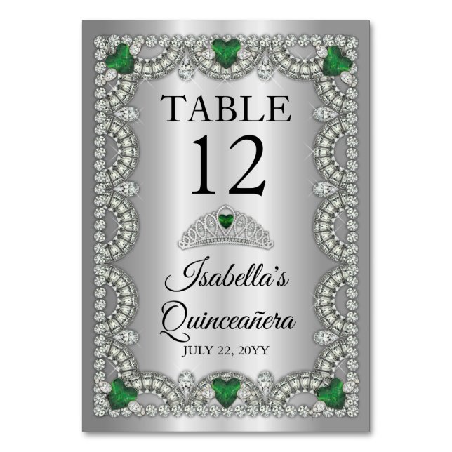 Elegant Emerald Green | Diamond Crown Quinceañera Table Number (Front)