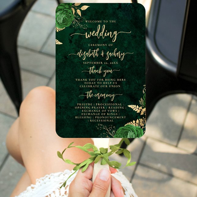 Elegant Emerald Green Floral Agate Wedding Program Hand Fan (Creator Uploaded)