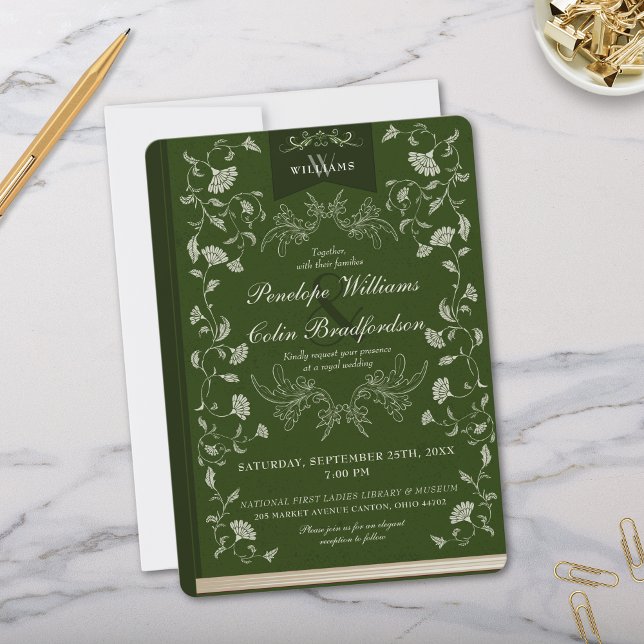 Elegant Emerald Green Floral Book Cover Wedding Invitation (Elegant Regency Era Green Floral Wedding Invitation with Book Cover Aesthetics and Calligraphy)