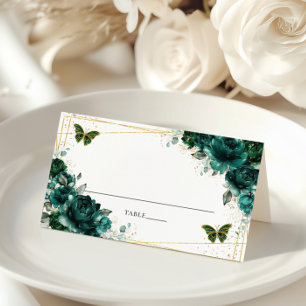 Elegant Emerald Green Floral Butterflies Wedding  Place Card