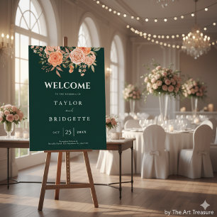 Elegant Emerald Green Floral Fall Wedding Welcome  Poster