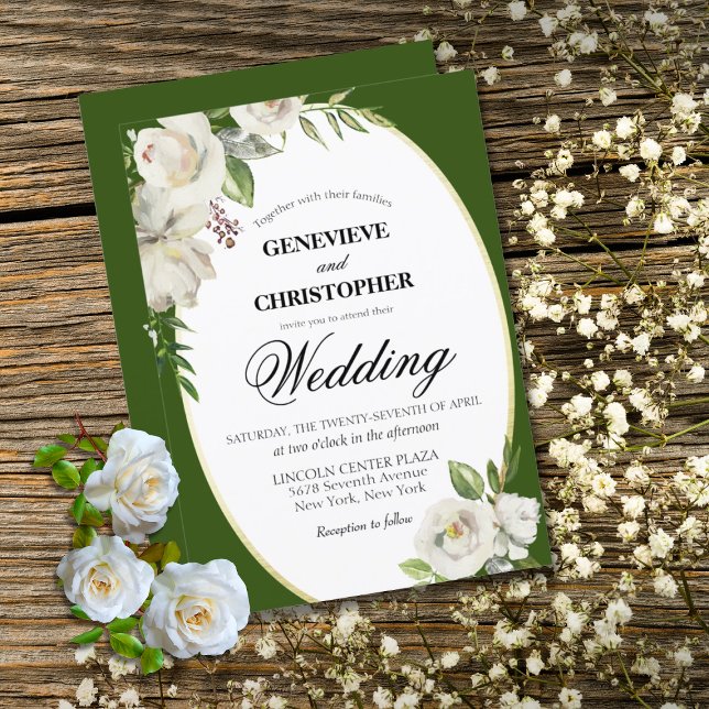Elegant Emerald Green Floral Gold Wedding Invitation (Elegant Emerald Green Floral White Rose Wedding Invitation)