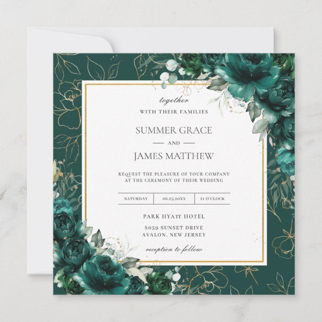 Elegant Emerald Green Floral Gold Wedding Square Invitation (Front)