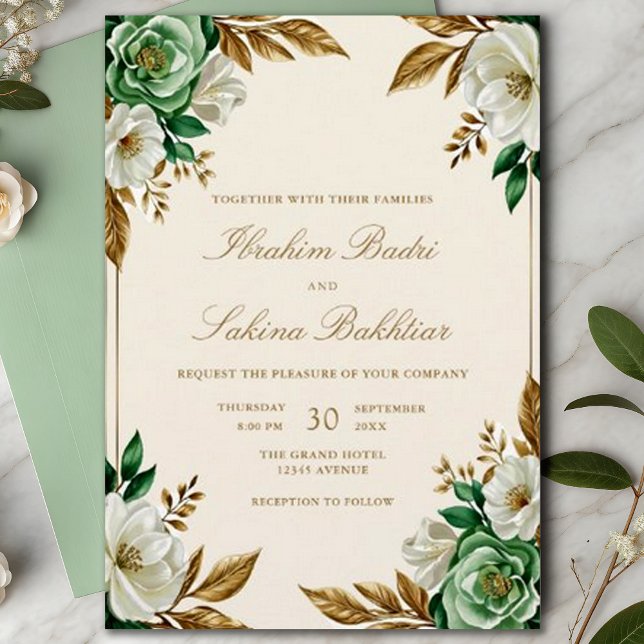 Elegant Emerald Green Floral Muslim Wedding Invitation (Creator Uploaded)