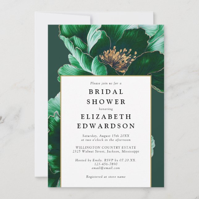 Elegant Emerald Green Floral QR Code Bridal Shower Invitation (Front)