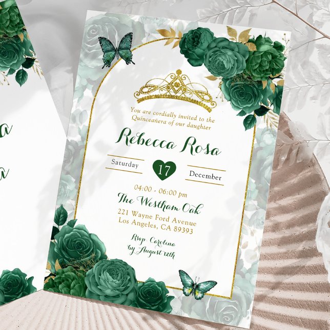 Elegant Emerald Green Floral Royal Quinceañera Invitation (Creator Uploaded)