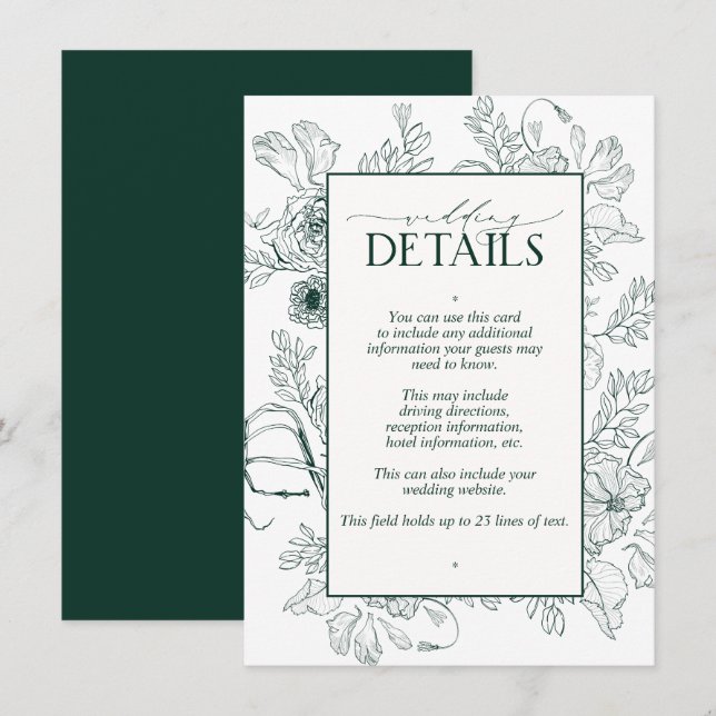 Elegant Emerald Green Floral Wedding Details Enclosure Card (Front/Back)