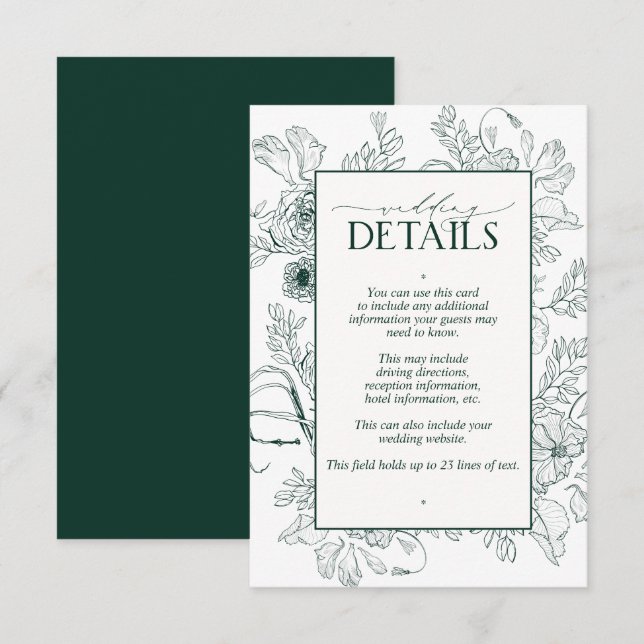 Elegant Emerald Green Floral Wedding Details Enclosure Card (Front/Back)