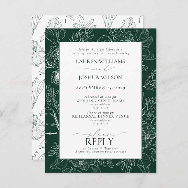 Elegant Emerald Green Floral Wedding Rehearsal Invitation (Front/Back)