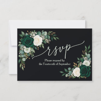 Elegant Emerald Green Floral Wedding RSVP Card