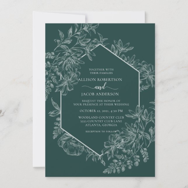 Elegant Emerald Green Geometric Floral Wedding Invitation (Front)