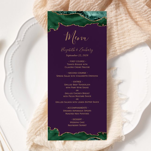 Elegant Emerald Green Gold Agate Purple Wedding Menu (Creator Uploaded)