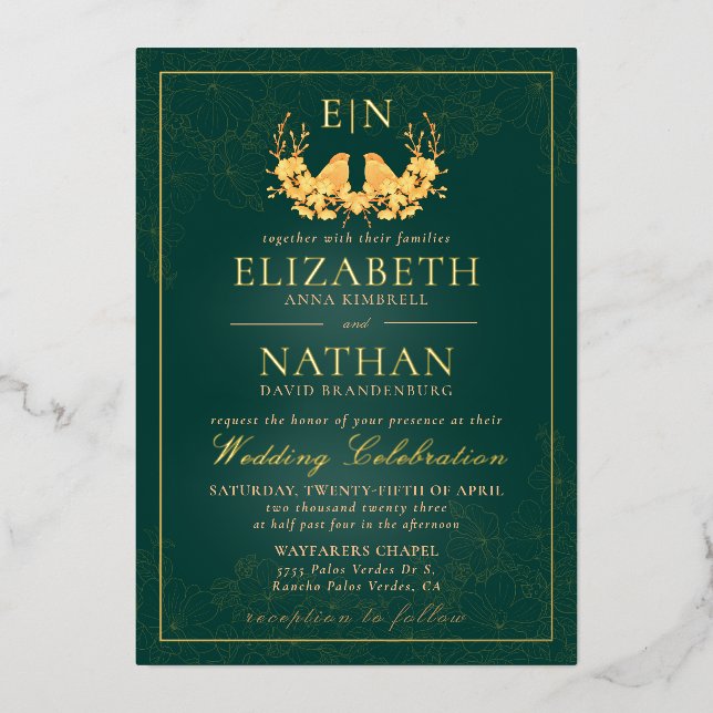 Elegant Emerald Green Gold Birds Monogram Wedding (Front)