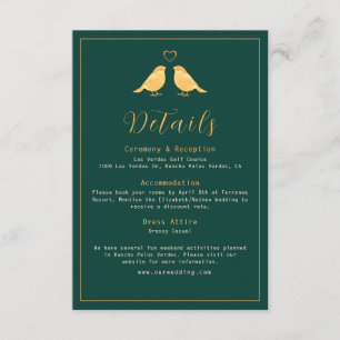 Elegant Emerald Green & Gold Birds Wedding Details Enclosure Card