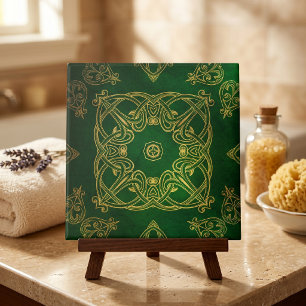 Elegant Emerald Green Gold Celtic Knotwork Damask Tile