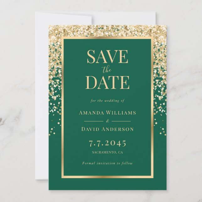 Elegant Emerald Green Gold Confetti Wedding Save The Date (Front)