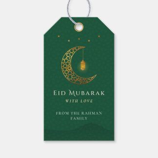 Elegant Emerald Green & Gold Crescent Eid Mubarak Gift Tags