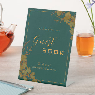 Elegant Emerald Green & Gold Floral Guestbook Sign