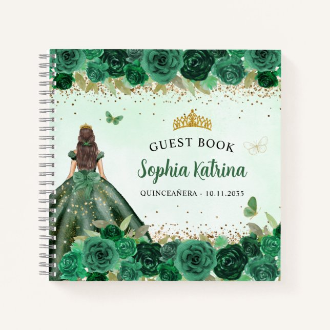 Elegant Emerald Green Gold Floral Quinceañera Notebook (Front)