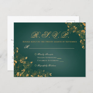 Elegant Emerald Green & Gold Floral Wedding RSVP Postcard