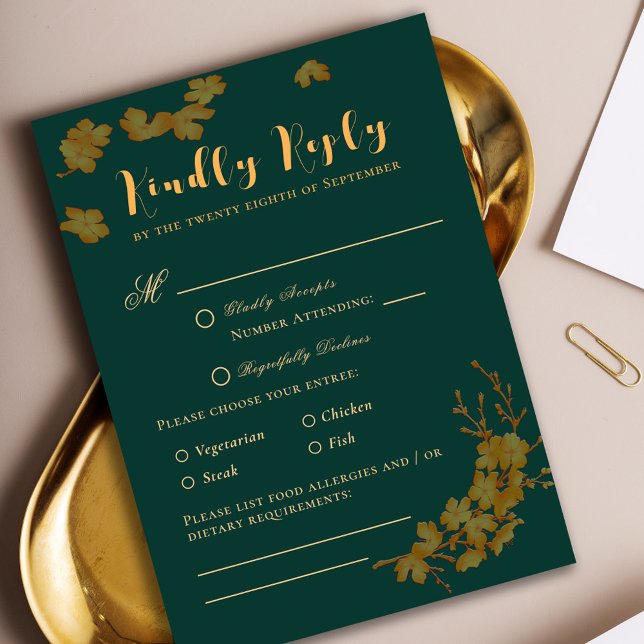 Elegant Emerald Green & Gold Flowers RSVP (Creator Uploaded)