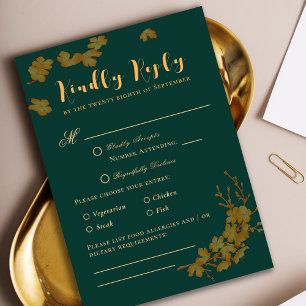 Elegant Emerald Green & Gold Flowers RSVP Card