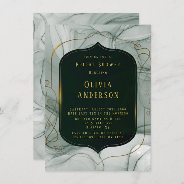 Elegant Emerald Green Gold Frame Bridal Shower Invitation (Front/Back)