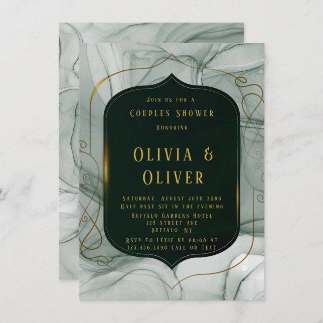 Elegant Emerald Green Gold Frame Couples Shower Invitation (Front/Back)