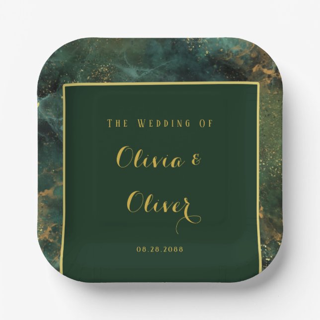 Elegant Emerald Green & Gold Glitter Wedding Paper Plate (Front)