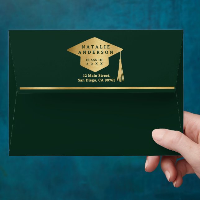 Elegant Emerald Green Gold Graduate Hat Graduation Envelope (Hand)