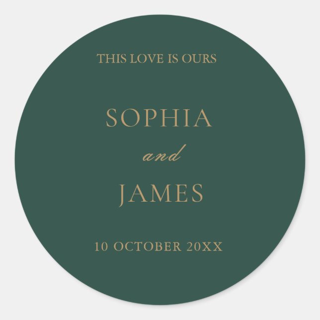 Elegant Emerald Green Gold Minimalist Wedding Classic Round Sticker (Front)