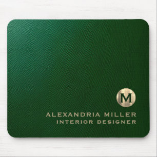 Elegant Emerald Green Gold Monogram Mouse Pad
