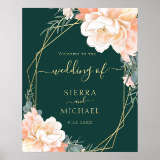 Elegant Emerald Green Gold Peach Floral Wedding Poster
