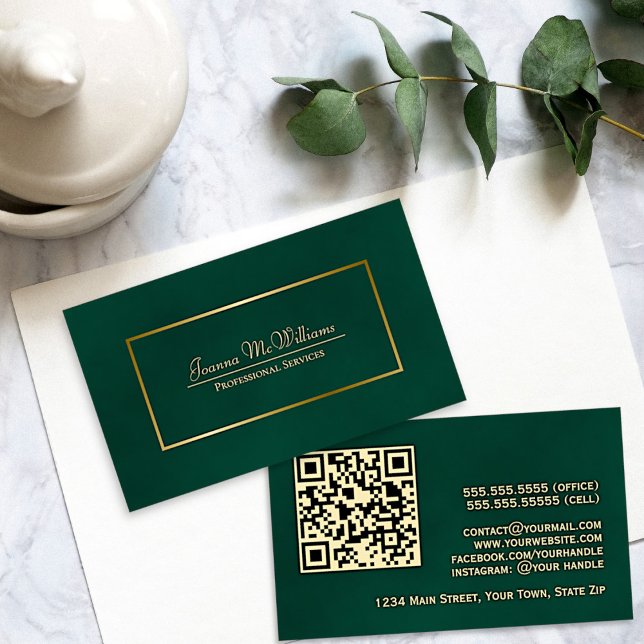 Elegant Emerald Green & Gold Professional QR Code Business Card (Front and Back)