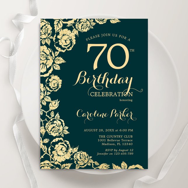 Elegant Emerald Green Gold Roses 70th Birthday Invitation (Creator Uploaded)