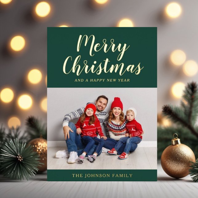 Elegant Emerald Green Gold Script Christmas Photo (Festive Green Christmas Photo Gold Foil Holiday Card)