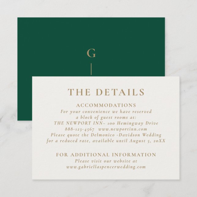 Elegant Emerald Green Gold Wedding Details Enclosure Card (Front/Back)