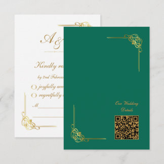 Elegant Emerald Green Gold Wedding Event QR Code RSVP Card
