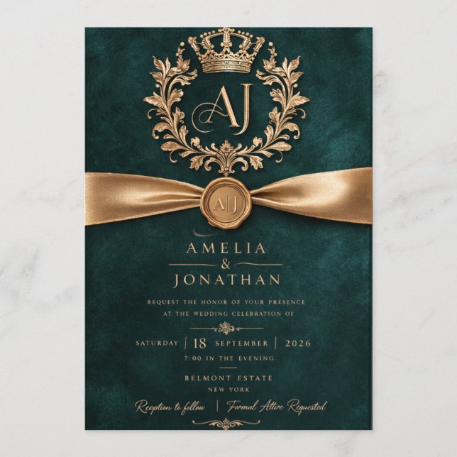 Elegant Emerald Green-Gold Wedding Invitation Card (Front)