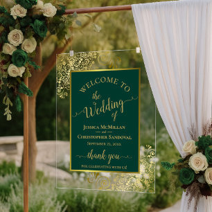 Elegant Emerald Green & Gold Wedding Welcome Acrylic Sign