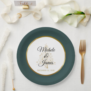 Elegant Emerald Green Gold Winter Holiday Wedding Paper Plate