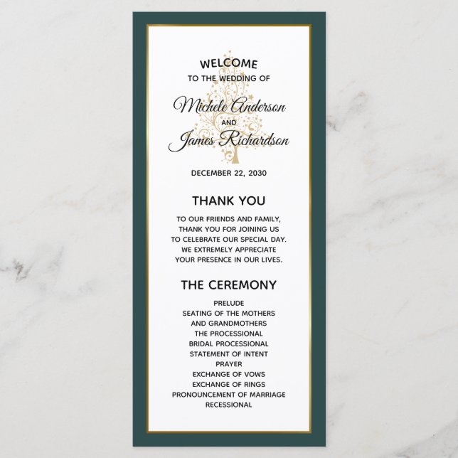 Elegant Emerald Green Gold Winter Holiday Wedding Programme (Front)