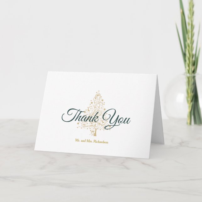 Elegant Emerald Green Gold Winter Holiday Wedding Thank You Card (Front)