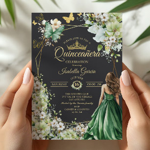 Elegant Emerald Green Golden Butterfly Quinceañera Invitation
