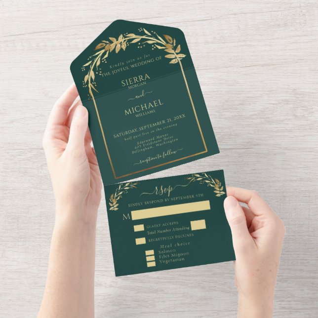 Elegant Emerald Green Golden Foliage Wedding Arch All In One Invitation (Tearaway)