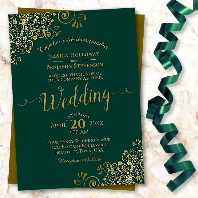 Elegant Emerald Green Golden Frills Wedding Invitation (Creator Uploaded)
