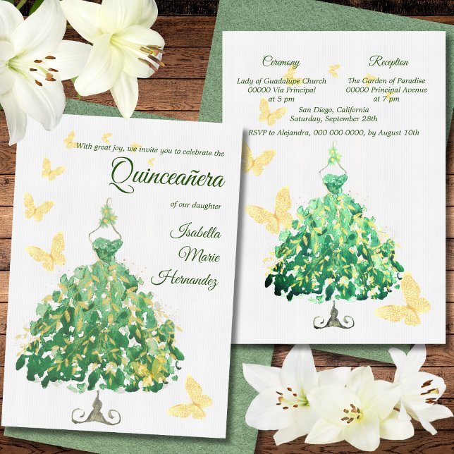 Elegant Emerald Green & Golden Quinceañera Invitation (Creator Uploaded)